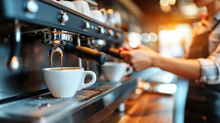 Espresso machine brewing coffee in stylish cafe, barista in background operating machine, fresh coffee dripping into white cup, warm lighting, stainless steel equipment, professional setup.