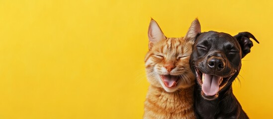 Vet banner with pets and copy space for text. Dog and cat smiling with happy expression and closed eyes. Isolated on yellow background