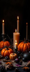 Halloween themed still life photography composed of pumpkins, candles and maple leaves. Ai Intelligence Generation. Ai Intelligence Generation.