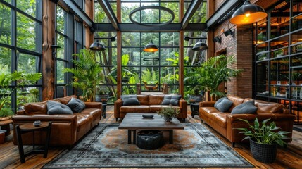 Naklejka premium Modern living room with large glass windows, leather sofas, abundant greenery. Natural light space, creating a cozy, inviting that blends modern design with nature-inspired decor.