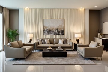 Fototapeta premium Modern Ivory Taupe Living Room with Elegant Cream Textured Walls and Stylish Furniture Layout