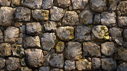 Obraz premium Cobblestone wall background with varied stone sizes and patches of moss