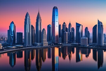 Obraz premium Innovative Cityscape Featuring Iconic Skyscrapers and Distinctive Reflections for Corporate Branding
