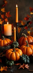 Halloween themed still life photography composed of pumpkins, candles and maple leaves. Ai Intelligence Generation. Ai Intelligence Generation.