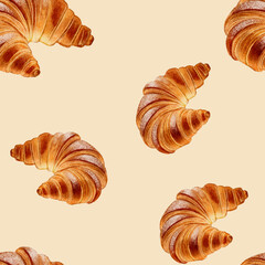 Seamless pattern with croissants on a beige background. High quality. Watercolor illustration for a bakery, pastry shop, coffee shop and cafe. for printing, textiles, decor