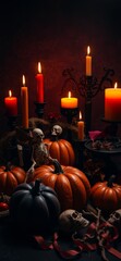 Halloween themed still life photography composed of pumpkins, candles and maple leaves. Ai Intelligence Generation. Ai Intelligence Generation.