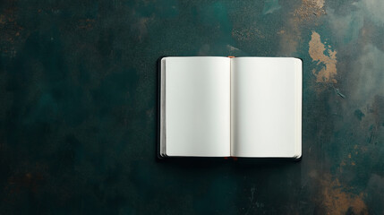 Top view of an open blank notebook placed on a textured, dark green surface. The notebook is centered, with its pages completely empty and ready for writing or drawing.