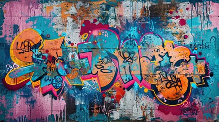 Fototapeta premium Background of a graffiti-covered wall with chaotic tags and bright bold colors