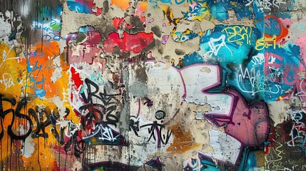Graffiti-covered wall background with bold chaotic tags and bright colors