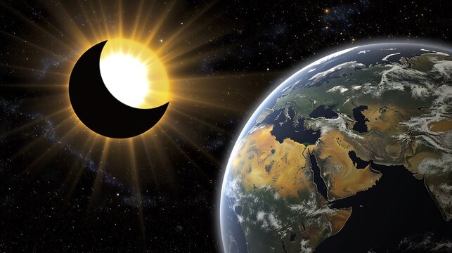 View of the ecliptic plane during an eclipse where the sun and moon align perfectly casting a solar shadow over the Earth