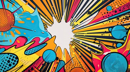 Background with radial bursts primary colors and abstract shapes in pop art style