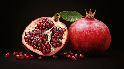 Close-up image of a whole pomegranate and a halved pomegranate revealing its red seeds, set against a black background.