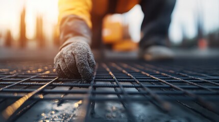 A close-up image shows a construction worker's gloved hand touching steel mesh used for reinforcement, with a blurred background indicating an outdoor construction site during sunset.