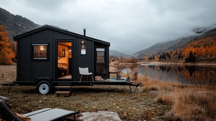 A beautifully captured scene of a tiny house situated by a serene lake surrounded by stunning autumn foliage, offering a tranquil retreat with modern amenities.
