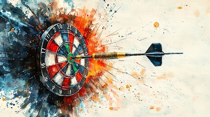 Dynamic abstract art of a dart hitting bullseye on dartboard, splattered vibrant colors, representing precision and achievement.