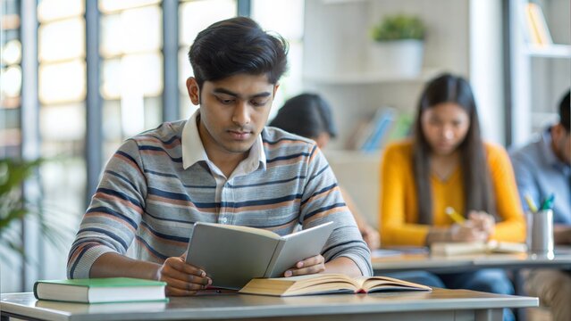 Indian student in a class focused on exam preparation, with study materials and guides, highlighting academic readiness.