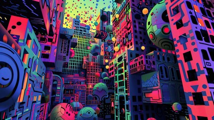 Wallpaper with abstract mosaic patterns bright neon colors and comic shading