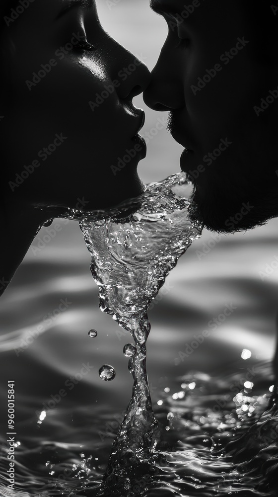 Poster a man and a woman kissing in the water