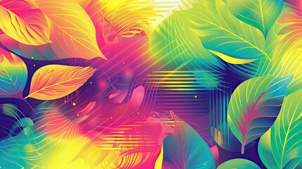 Energetic backdrop with swirling leaf patterns vibrant neon colors and halftone gradients