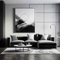 Interior of a modern living room with sofa. design in black and white. 3D rendering.	