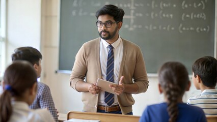 An Indian teacher conducting a math lesson with students, focusing on problem-solving and critical thinking.