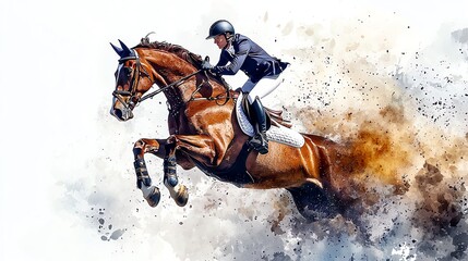 Dynamic equestrian jumping painting, rider on a powerful horse in mid-air, blending vibrant colors and energetic movement.