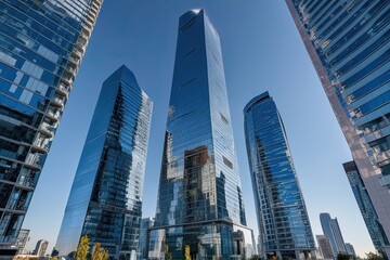 Naklejka premium Innovative Skyscrapers and Smart Urban Designs Captivating Reflections and Shadows for Effective Marketing