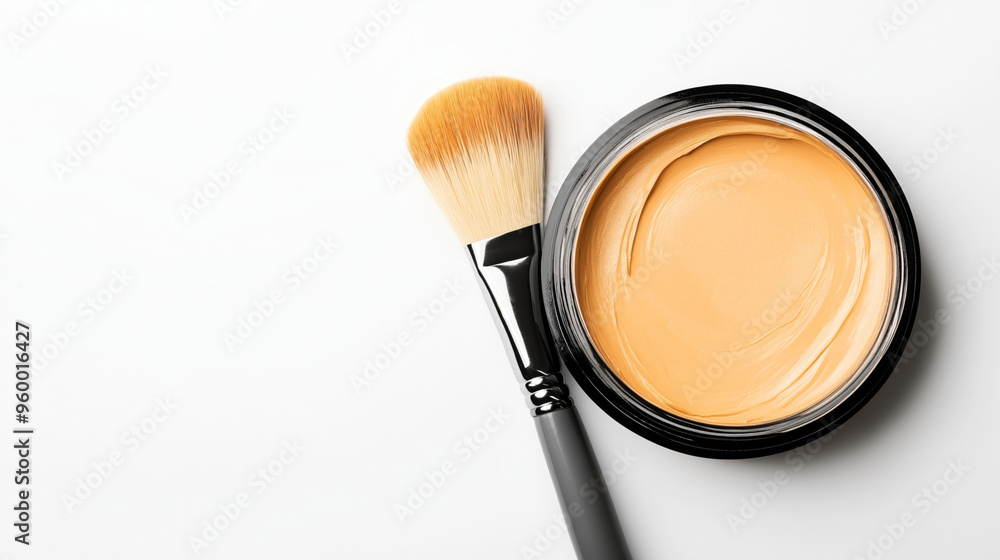 Wall mural Jar of beige foundation cream with a makeup brush on a white background. The brush has a black handle and foundation-tinted bristles, ready for application.