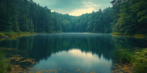 Obraz premium Tranquil Forest Lake with Green Trees and Reflections