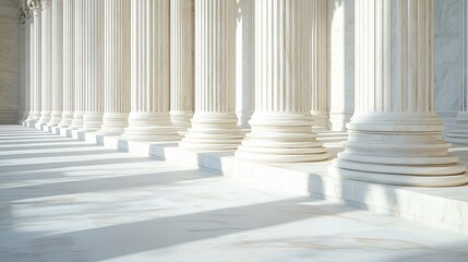 Marble columns of the Supreme Court, side view, intricate carvings, and strong shadows, isolated on white, emphasizing architectural elegance.