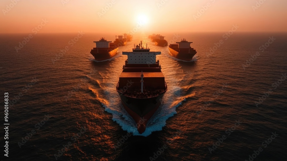 Poster several container ships navigating together through the expansive ocean, with the sun setting at the