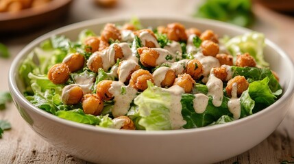 A vibrant vegan Caesar salad is served, featuring fresh romaine lettuce topped with crunchy roasted chickpeas and a creamy dressing, perfect for healthy eating