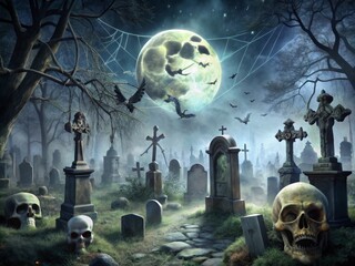 Creepy Cemetery Graveyard Bones Skulls Spider Webs Moonlit Night