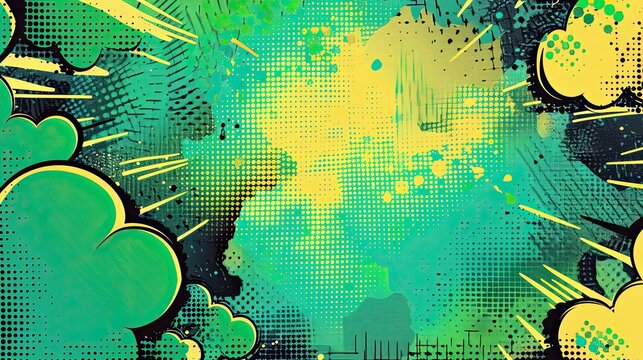 Pop art background with green shades featuring speech bubbles and halftone dots