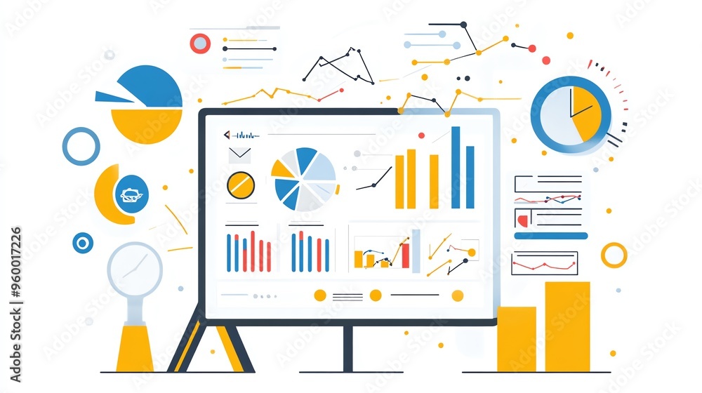 Poster computer screen displaying data and graphs in a business presentation