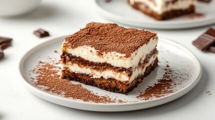A close-up of a beautifully plated Tiramisu dessert, featuring layers of creamy mascarpone and cocoa powder, set on a white plate, perfect for a sweet treat craving.
