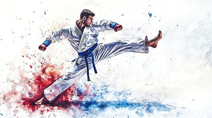 Obraz premium Dynamic watercolor illustration of a martial artist performing a high kick in a white uniform with a blue belt.
