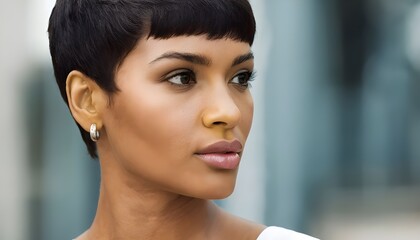 "A woman with a short haircut looking to the side."