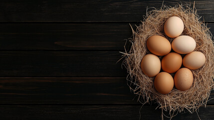 Eight brown eggs are sitting inside a nest of straw on dark wooden background. The image conveys a rustic and natural feel.