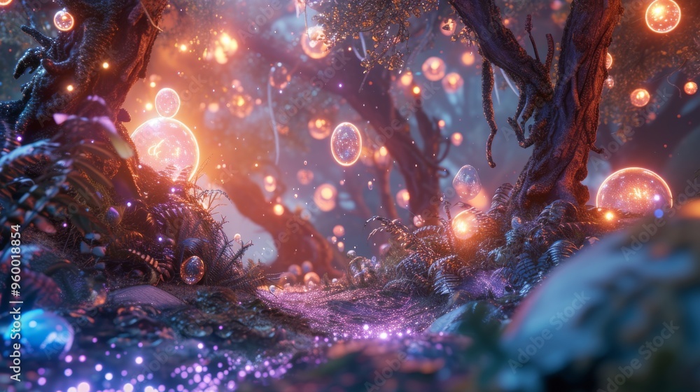Poster a mesmerizing forest scene at twilight features glowing orbs floating amidst the trees. the enchanti
