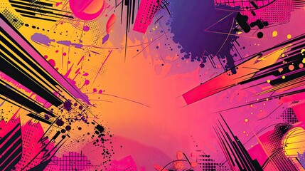 Pink backdrop featuring comic explosions geometric shapes and halftone gradients