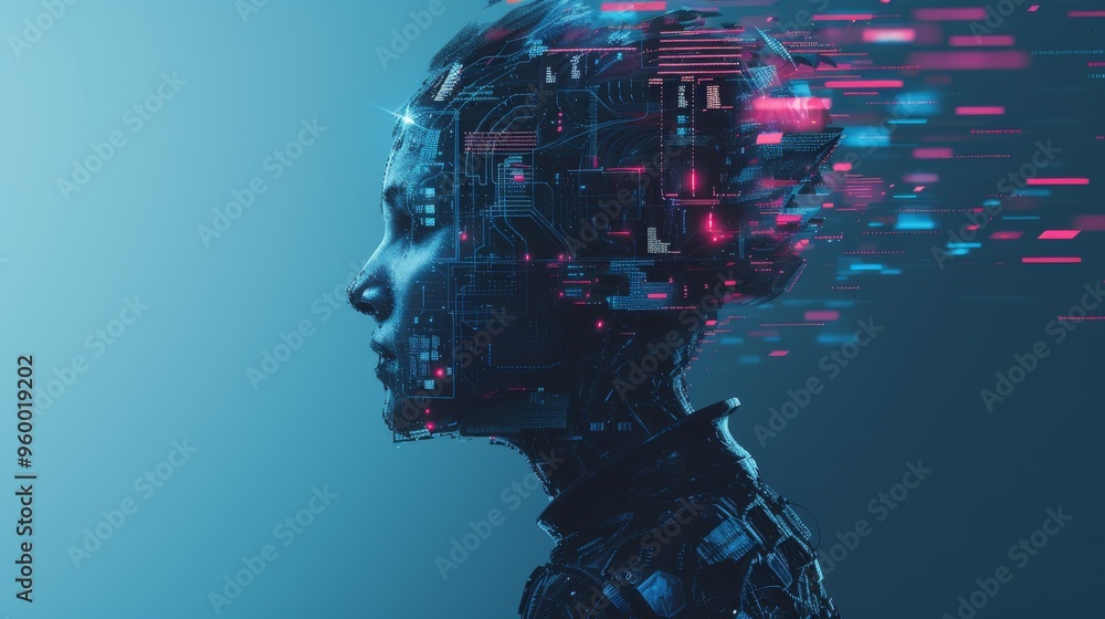 Poster a futuristic profile of an ai head, intricately detailed with digital circuit elements. the backgrou