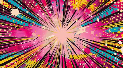 Dynamic pink background with comic-inspired starbursts radial patterns and dots