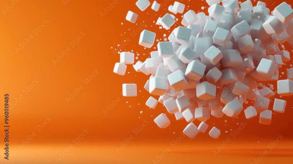 Poster A visually dynamic image showing an explosive burst of white cubes scattered in various directions against a bright orange backdrop, evoking energy and movement.