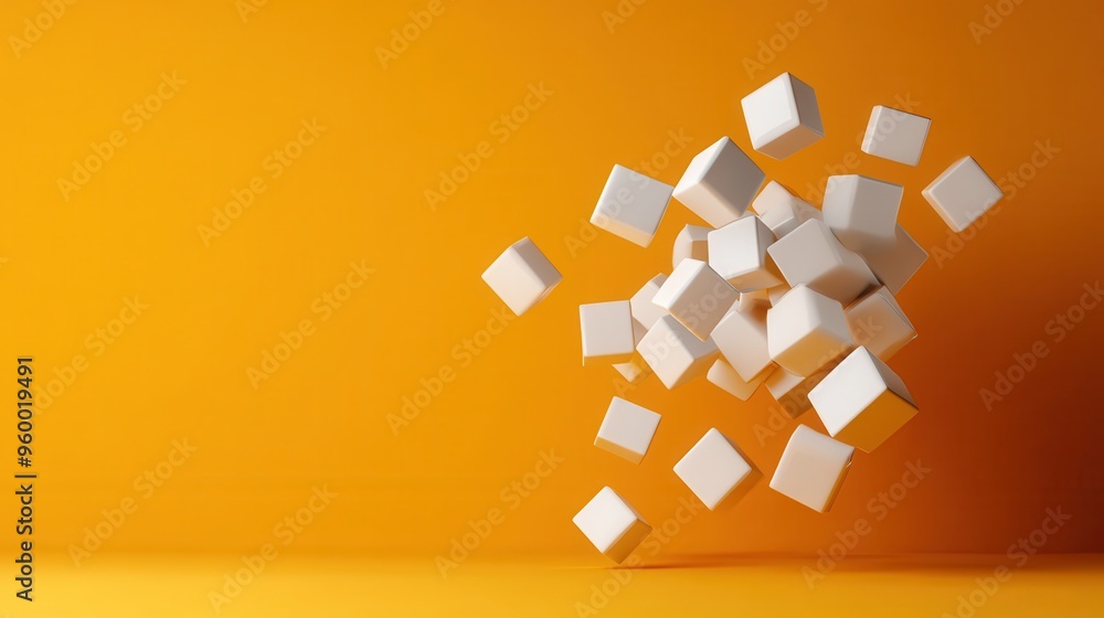 Poster image features a cluster of floating white cubes grouped together against a vibrant orange backgroun