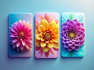 Customizable digital flower illustrations on virtual cards with animated 3D designs in a clean and modern aesthetic featuring bold lines and bright colors while maintaining a minimalist approach