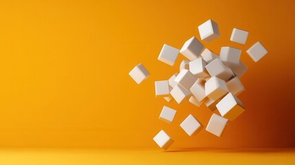Image features a cluster of floating white cubes grouped together against a vibrant orange background, creating a visually striking and abstract composition.