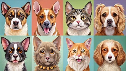 Fototapeta premium Cute illustrations pets animals faces Kitty Doggy ears Mix