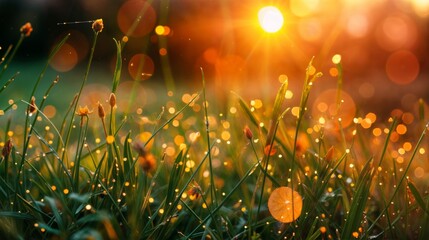 Close-up of grass blades covered in morning dew, illuminated by the golden light of sunrise, creating a sparkling natural scene..