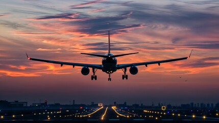 A commercial airplane touches down on a runway during a colorful sunset, highlighting the beauty and precision of air travel..